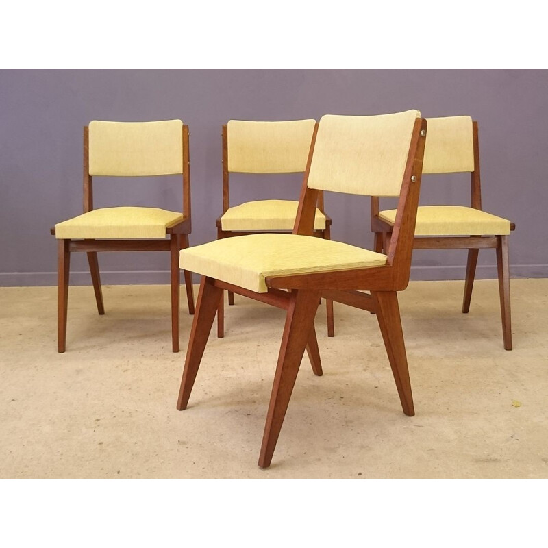 Set of 4 yellow vintage chairs in wood and leatherette  - 1950s