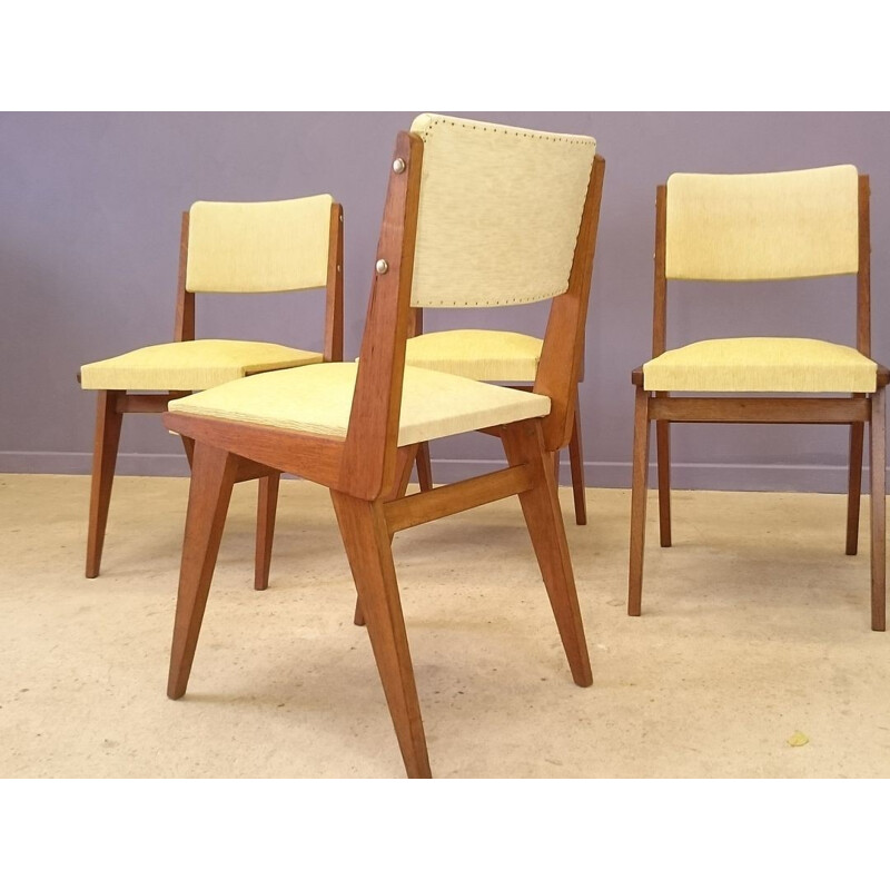 Set of 4 yellow vintage chairs in wood and leatherette  - 1950s