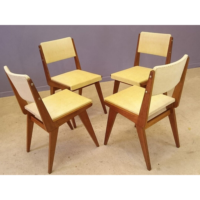 Set of 4 yellow vintage chairs in wood and leatherette  - 1950s
