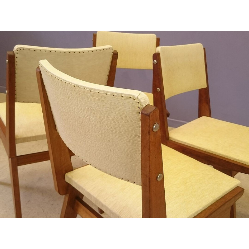 Set of 4 yellow vintage chairs in wood and leatherette  - 1950s