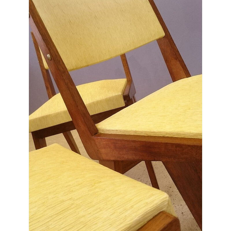 Set of 4 yellow vintage chairs in wood and leatherette  - 1950s