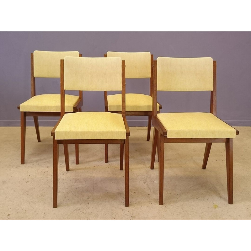 Set of 4 yellow vintage chairs in wood and leatherette  - 1950s