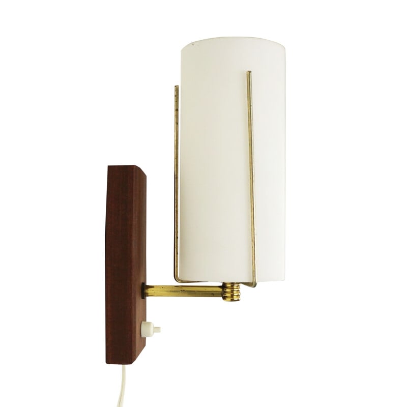 White wall lamp in glass, wood and brass - 1960s