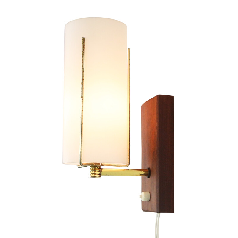 White wall lamp in glass, wood and brass - 1960s