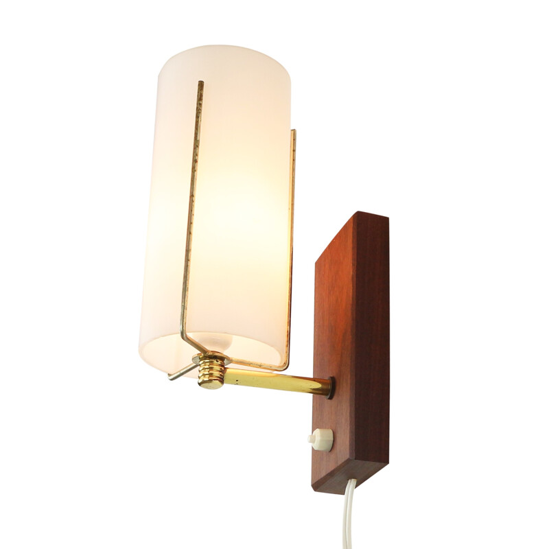 White wall lamp in glass, wood and brass - 1960s