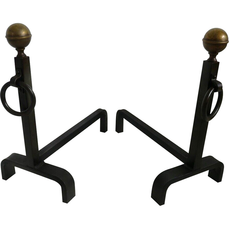 Pair of vintage steel and brass andirons, France 1950