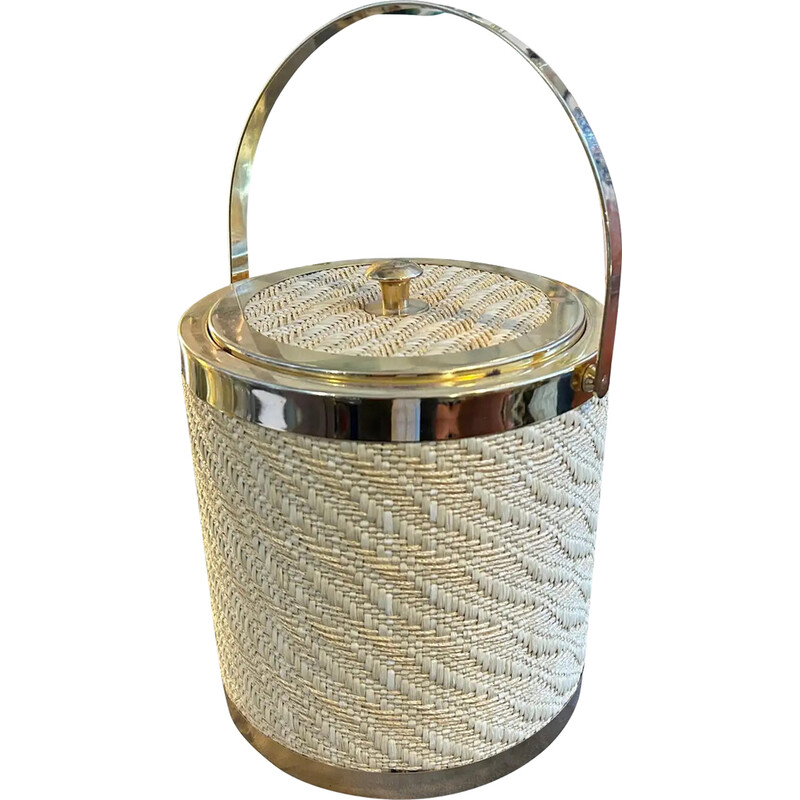 Vintage brass and wicker ice bucket, Italy 1970