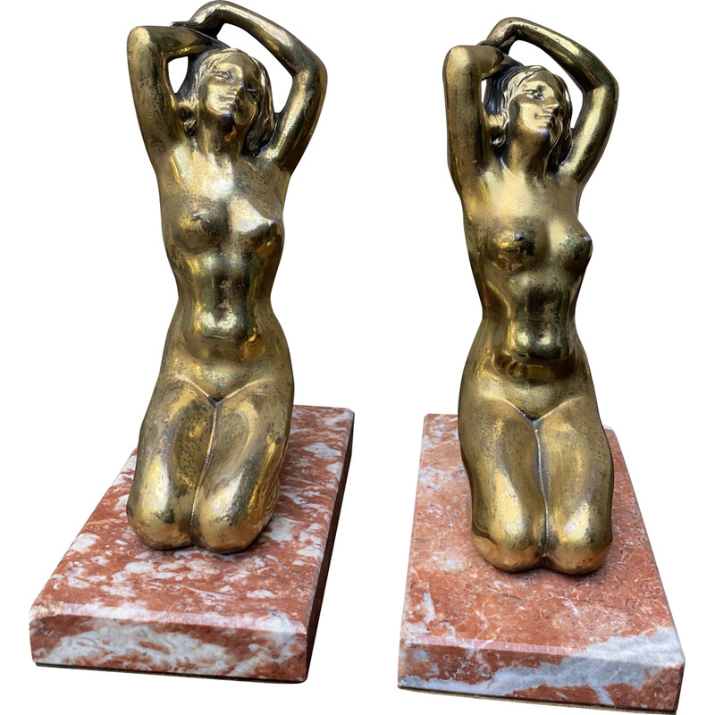 Serre livres vintage Art Déco en marbre représentant 2 femmes à genoux