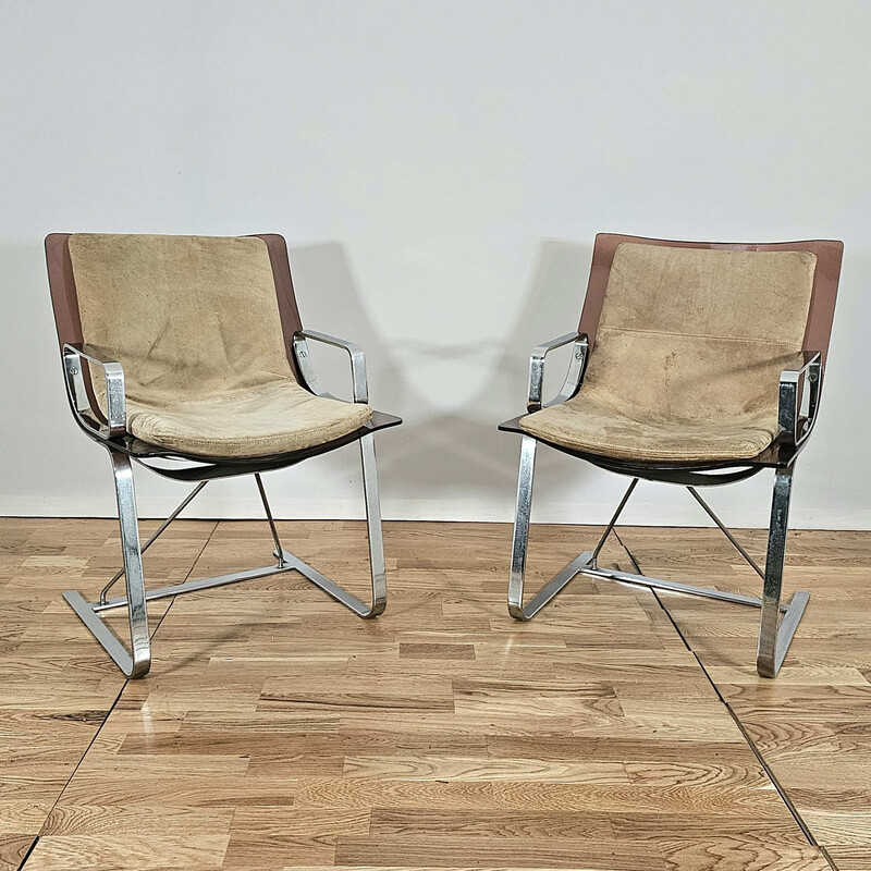 Pair of vintage Plexiglas and chrome armchairs for Apelbaum Esthétique, 1970