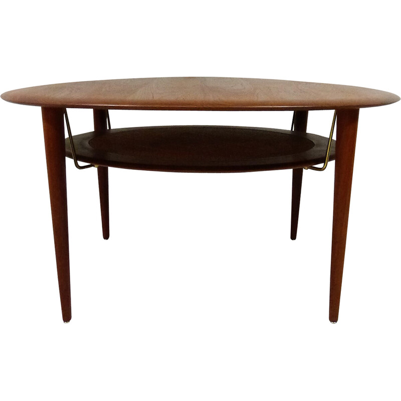 Vintage round teak and wicker coffee table by Peter Hvidt and Orla Molgaard-Nielsen for France and Son, Denmark