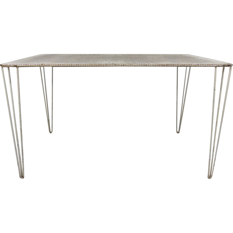 Vintage white perforated steel garden table, France 1950