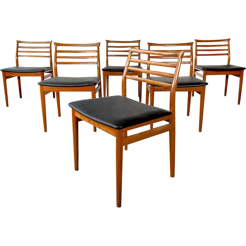 Lot de 6 chaises vintage en teck et similicuir noir par Erling Torvits pour Sorø Stolefabrik, Danemark 1960