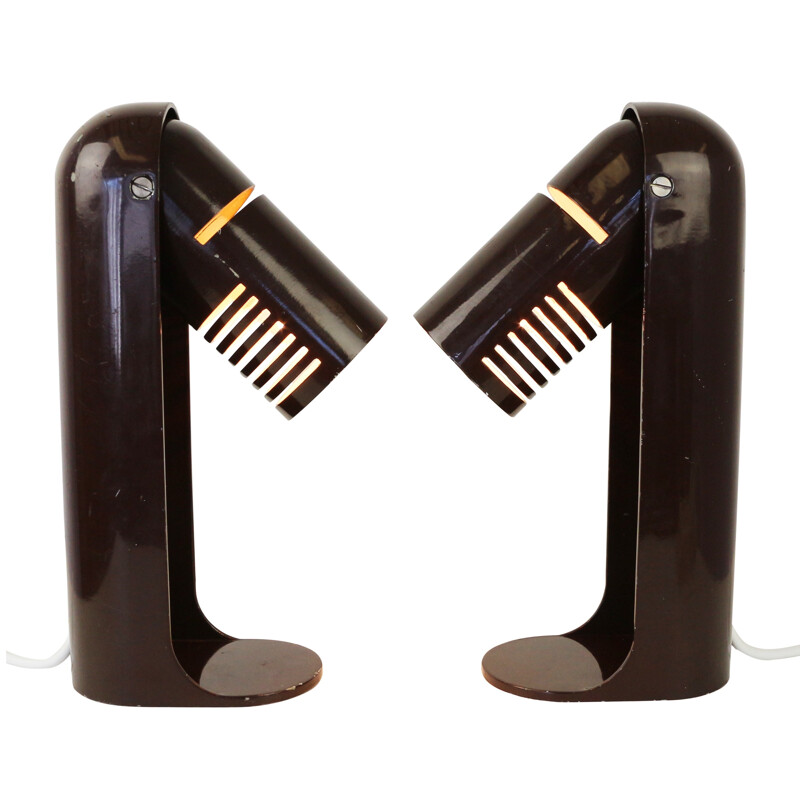 Set of 2 dark brown Space Age Italian flip top desk lights by Leuka - 1970s