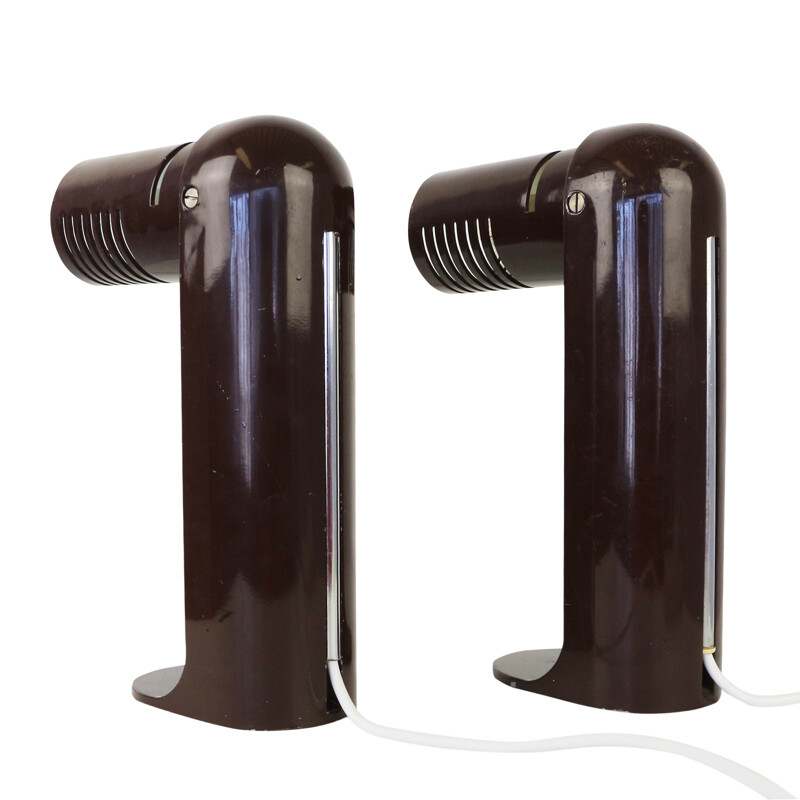 Set of 2 dark brown Space Age Italian flip top desk lights by Leuka - 1970s