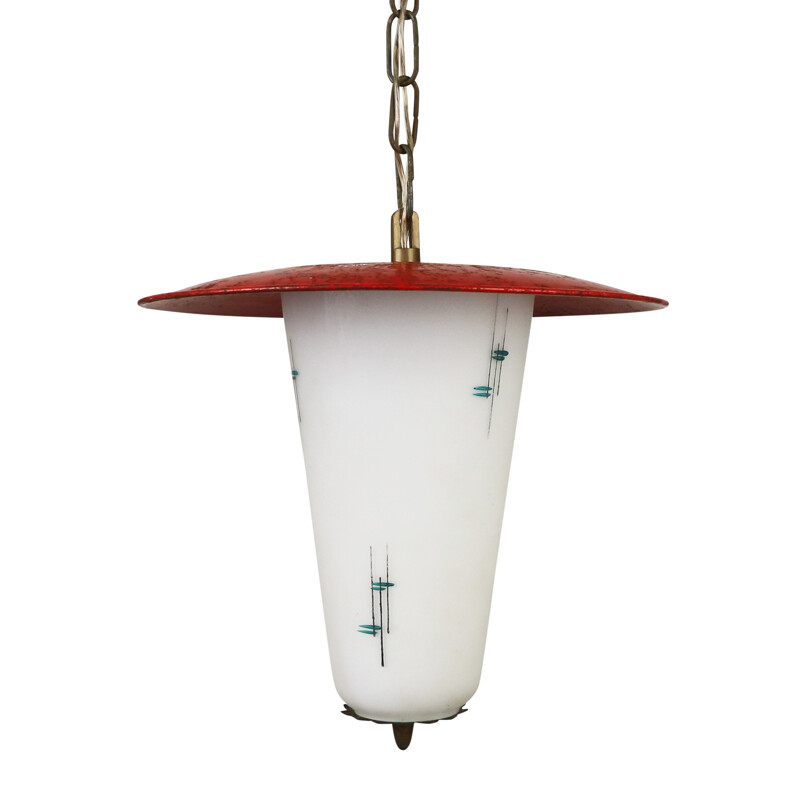 Hanging lamp made of red metal and milk glass - 1950s