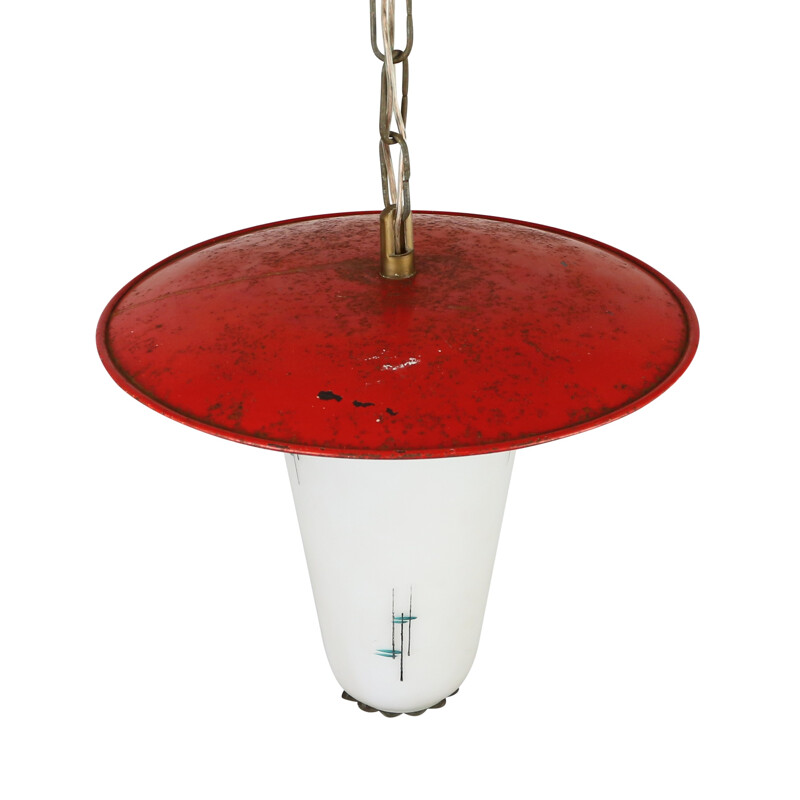 Hanging lamp made of red metal and milk glass - 1950s
