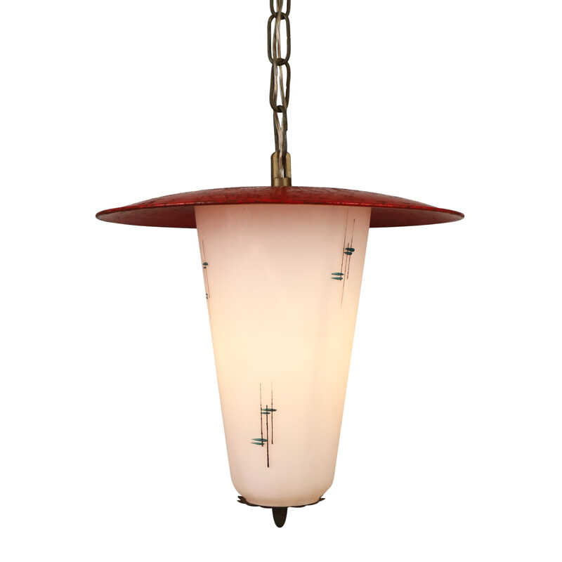 Hanging lamp made of red metal and milk glass - 1950s