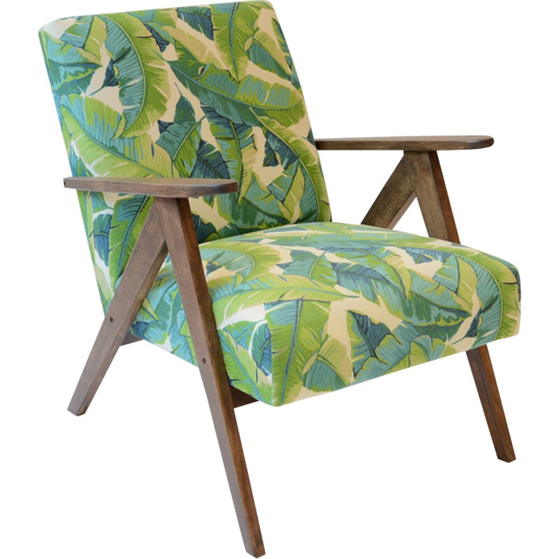 Kompas Chair fabric green leaves - 1970s