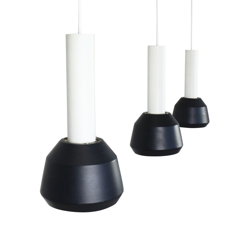 Set of 3 black and white Philips hanging lamps - 1960s