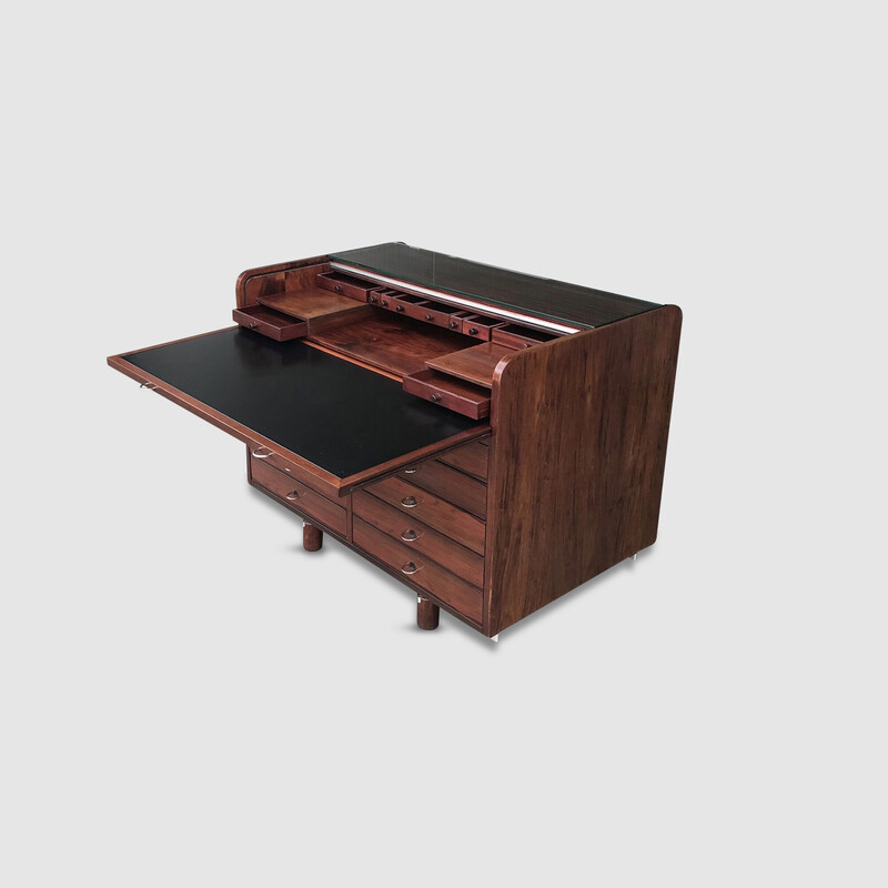 Vintage 804 rolling desk in rosewood veneer by Gianfranco Frattini for Bernini, Italy 1960