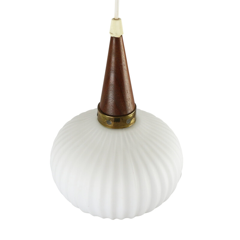 Hanging lamp with frosted glass and teak wood - 1960s