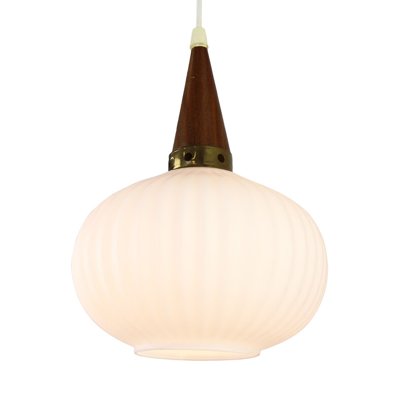 Hanging lamp with frosted glass and teak wood - 1960s