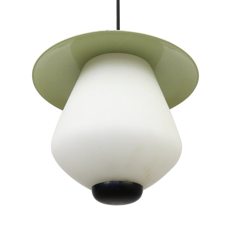 Opaline glass pendant lamp with lime green metal shade by Philips Holland - 1950s