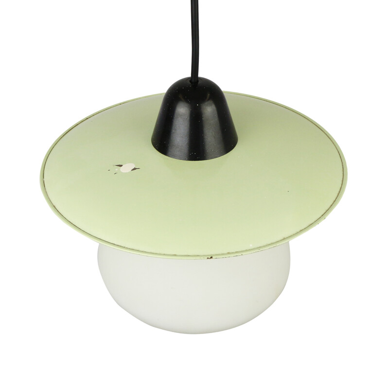 Opaline glass pendant lamp with lime green metal shade by Philips Holland - 1950s