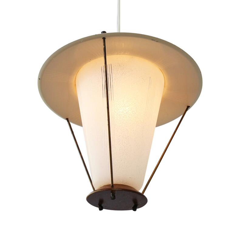 Glass and wood Pastel pendant lamp - 1950s