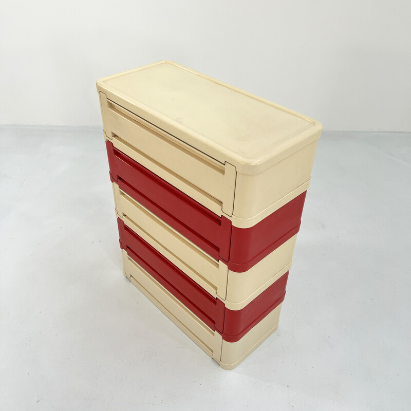 Commode vintage modèle « 4964 » à 5 tiroirs blanc/rouge en plastique par Olaf Von Bohr pour Kartell, 1970