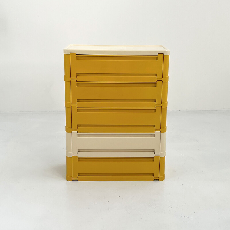 Commode vintage modèle « 4964 » à 5 tiroirs jaune/blanc en plastique par Olaf Von Bohr pour Kartell, 1970
