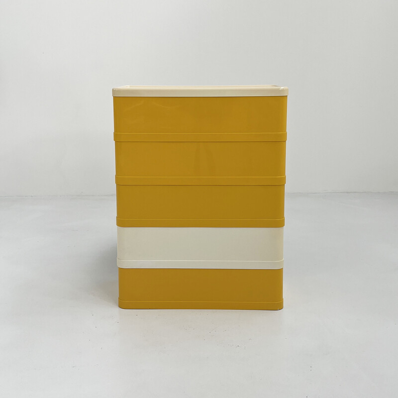 Commode vintage modèle « 4964 » à 5 tiroirs jaune/blanc en plastique par Olaf Von Bohr pour Kartell, 1970