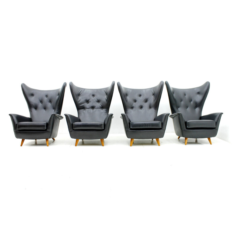 Set of 4 black leather Wing Lounge Chairs - 1950s