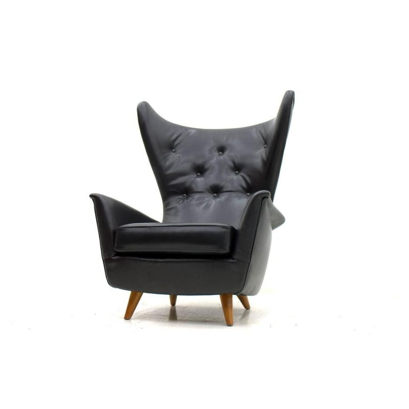 Set of 4 black leather Wing Lounge Chairs - 1950s