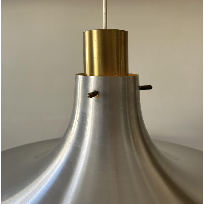 Pair of vintage brass and brushed aluminum suspension fixtures by Hans Agne Jakobsson for Markaryd, Sweden 1960