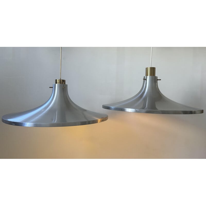 Pair of vintage brass and brushed aluminum suspension fixtures by Hans Agne Jakobsson for Markaryd, Sweden 1960