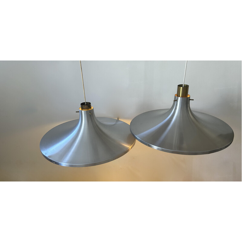 Pair of vintage brass and brushed aluminum suspension fixtures by Hans Agne Jakobsson for Markaryd, Sweden 1960