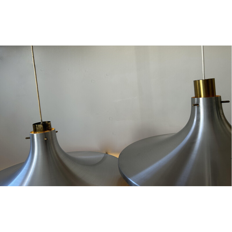 Pair of vintage brass and brushed aluminum suspension fixtures by Hans Agne Jakobsson for Markaryd, Sweden 1960