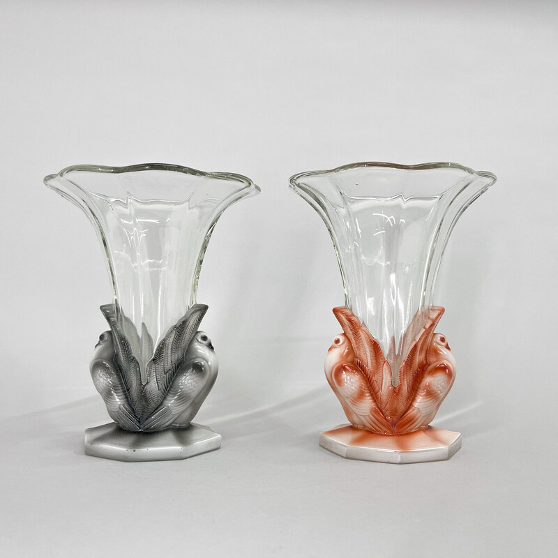 Pair of vintage Art Deco dove glass vases by Josef Feigl for Libochovice Glassworks, Czechoslovakia1930