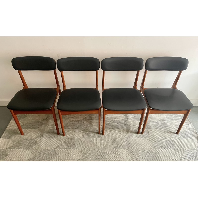 Ensemble de 4 chaises vintage en teck et vinyle noir, 1970