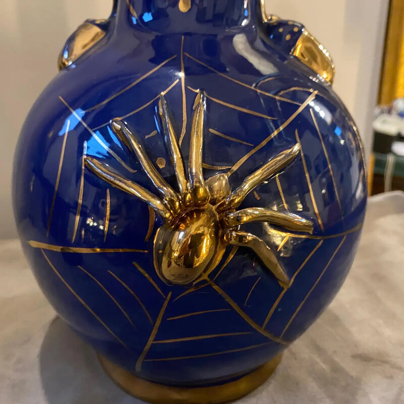 Vintage blue and gold ceramic spider vase by Nuova Mastro Giorgio, Italy 1960