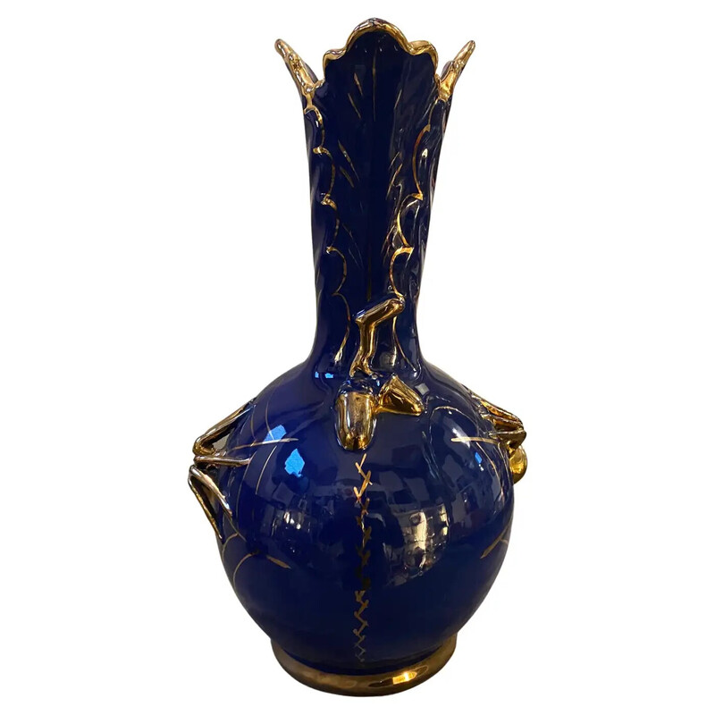 Vintage blue and gold ceramic spider vase by Nuova Mastro Giorgio, Italy 1960