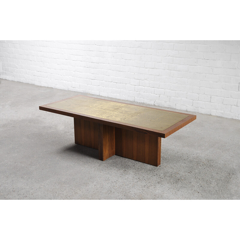 Table basse vintage en bois et plaque de cuivre par Bernhard Rohne, 1960