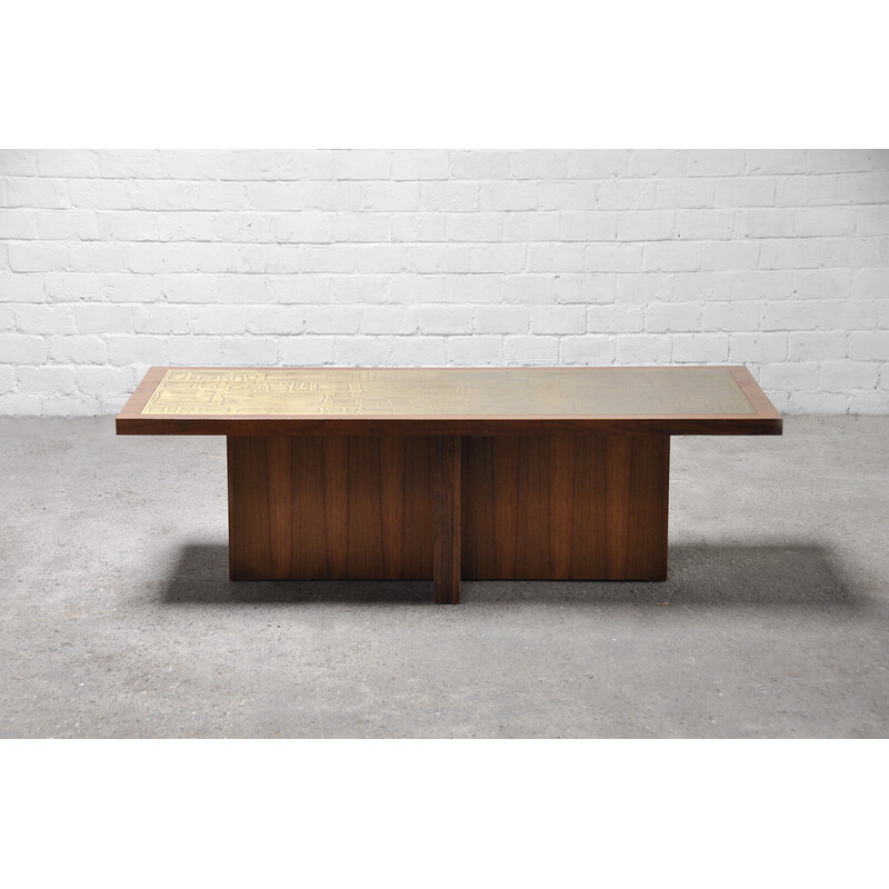 Table basse vintage en bois et plaque de cuivre par Bernhard Rohne, 1960
