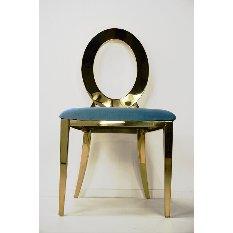 Chaise vintage en acier doré et assise velours turquoise