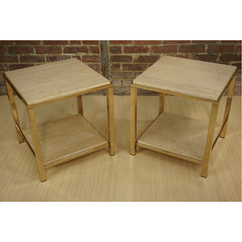 Pair of vintage belgo chrom side tables in gilded metal with travertine tops, 1970