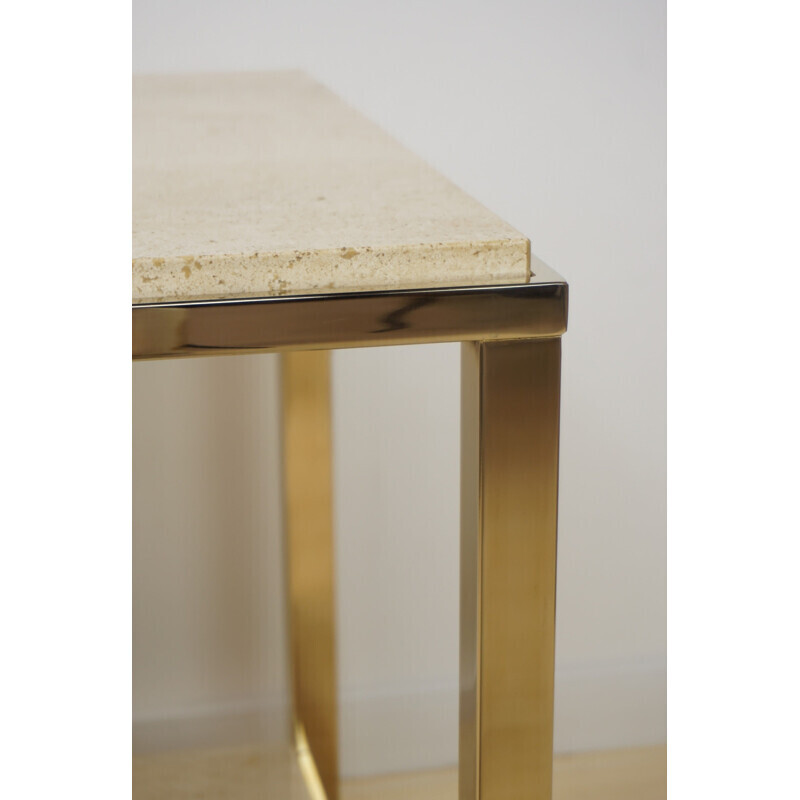 Pair of vintage belgo chrom side tables in gilded metal with travertine tops, 1970