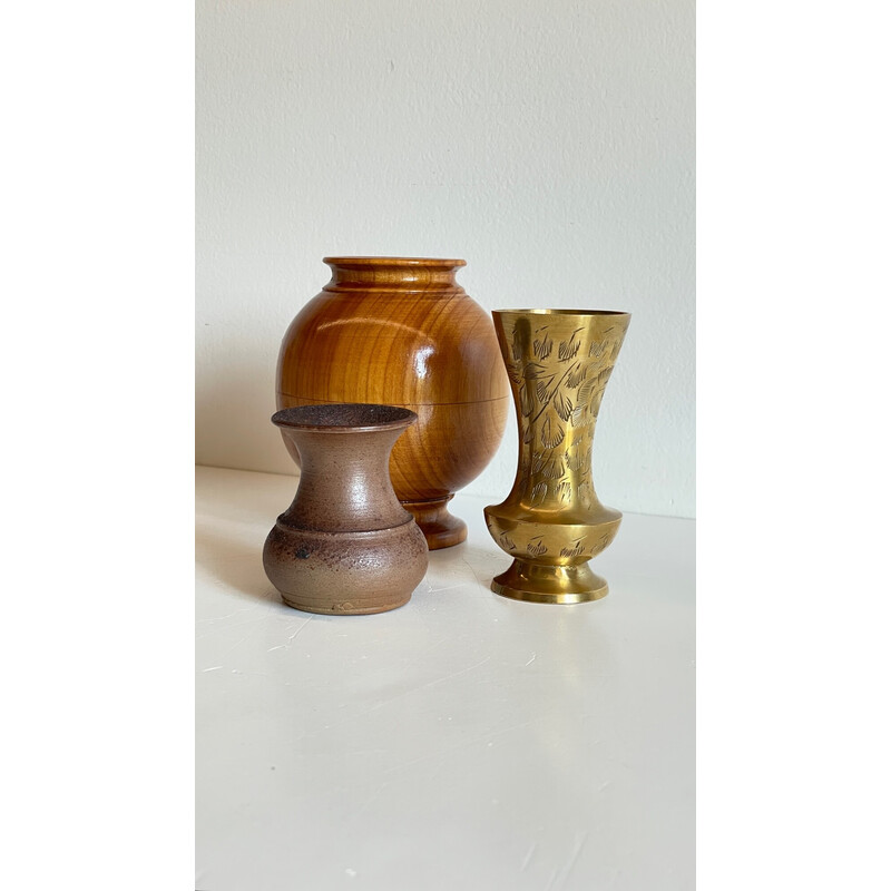 Vintage stoneware and brass vase set