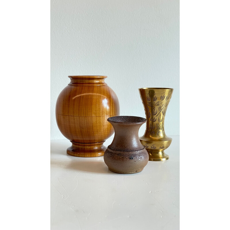 Vintage stoneware and brass vase set