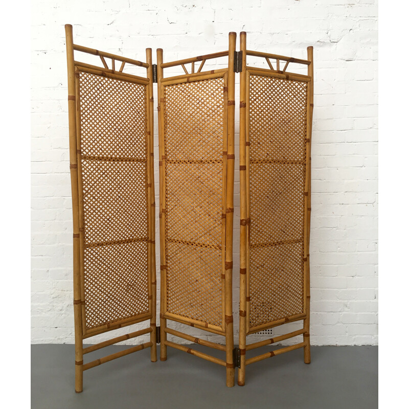 Rattan and bamboo folding screen Room Divider - 1950s